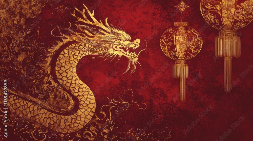 Fototapeta premium Chinese new year 2025 concept,Red snake flat lay top view, Happy Chinese new year with Red envelope and gold ingot,blessing, wealth on red background with copy space for your text.