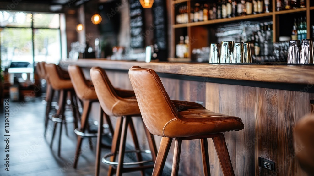 Elegant Bar Interior with Leather Stools and Wooden Counter Elegant Bar Interior with Leather Stools and Wooden Counter