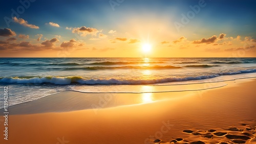 a hot summer beach scene, featuring a blazing sun shining brightly. photo