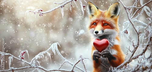 Red fox carrying a heart surrounded by frosty branches, evoking winter love and magic. photo