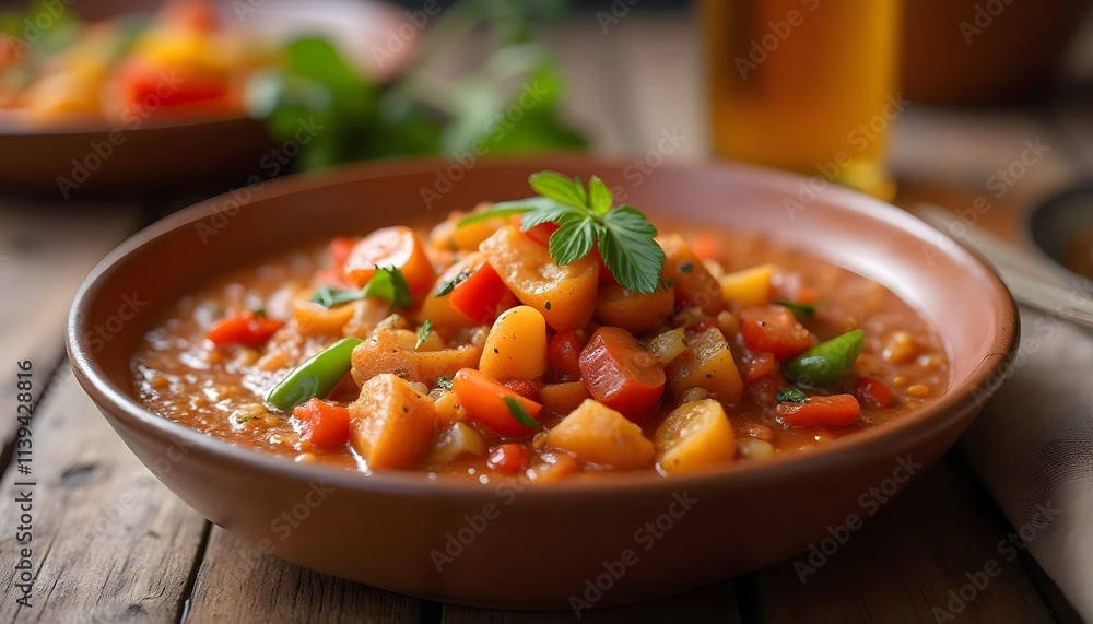 Serving of Lecsó with Vibrant Vegetables in a Deep Bowl Serving of Lecsó with Vibrant Vegetables in a Deep Bowl