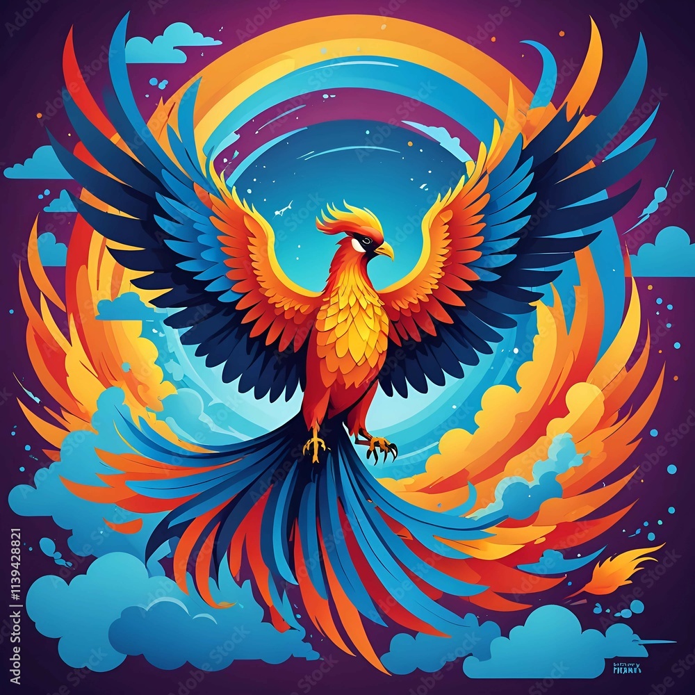 Depicting a phoenix with a fiery crest and sweeping wings, this image portrays the mythical bird surrounded by swirling, colorful clouds in a mystical atmosphere. Depicting a phoenix with a fiery crest and sweeping wings, this image portrays the mythical bird surrounded by swirling, colorful clouds in a mystical atmosphere.
