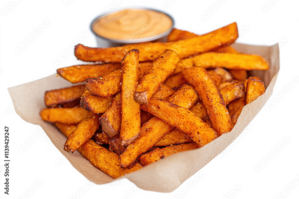 A tray of fried potatoes with a dipping sauce A tray of fried potatoes with a dipping sauce
