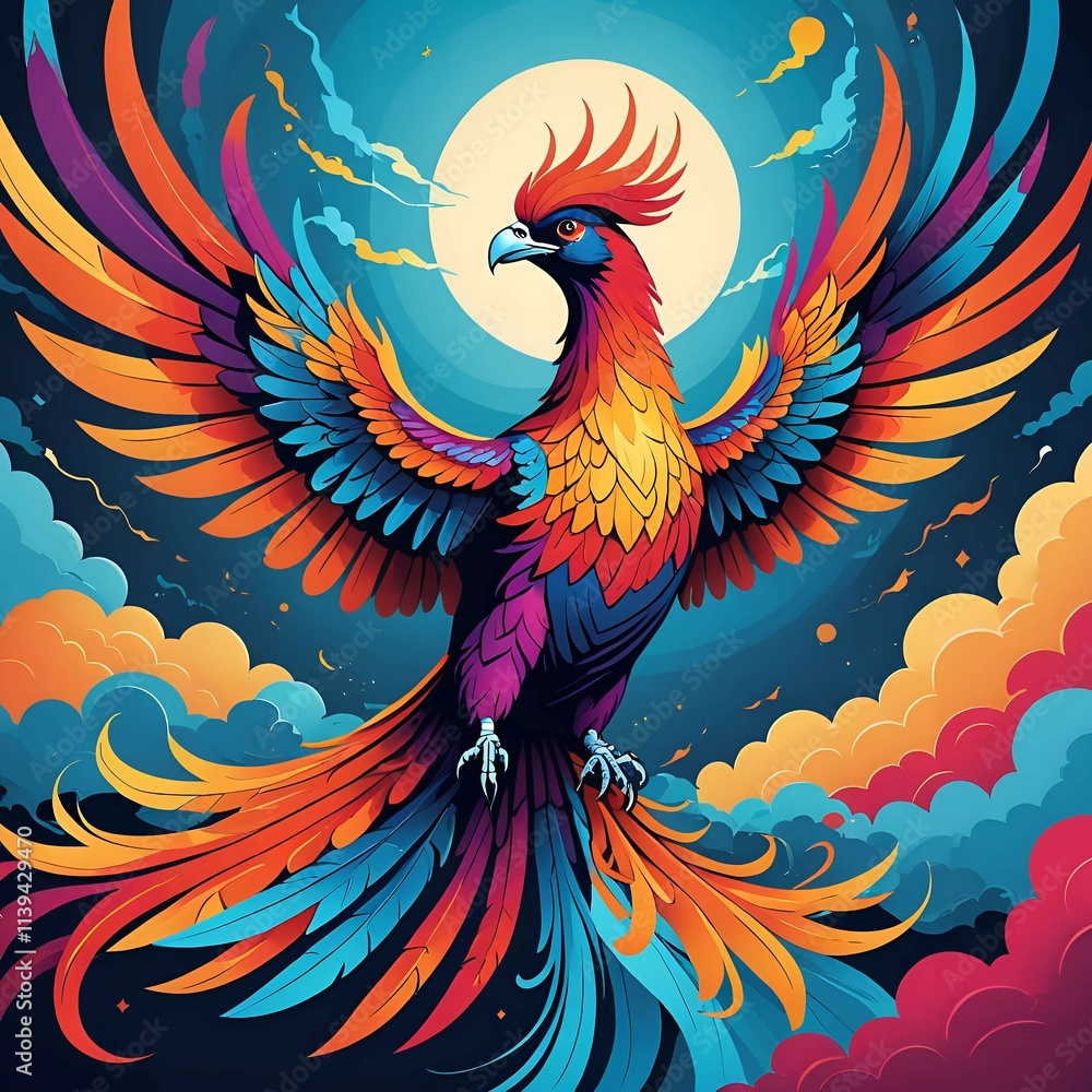 Obraz premium A phoenix rises majestically, its multicolored plumage set against a backdrop of vibrant clouds, illustrating the timeless legend of this legendary creature.