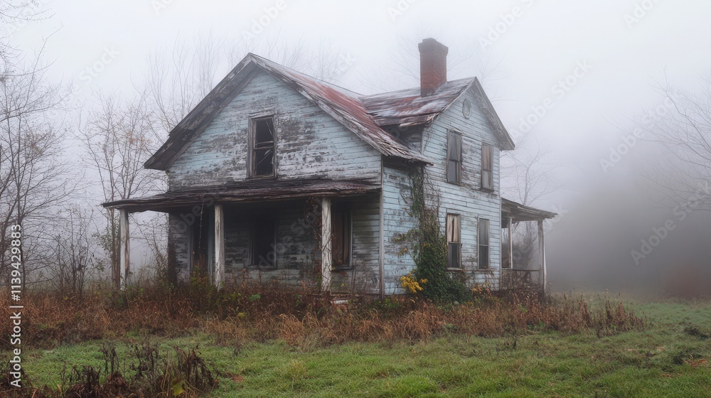 Abandoned Farmhouse In Foggy Autumn Landscape Abandoned Farmhouse In Foggy Autumn Landscape