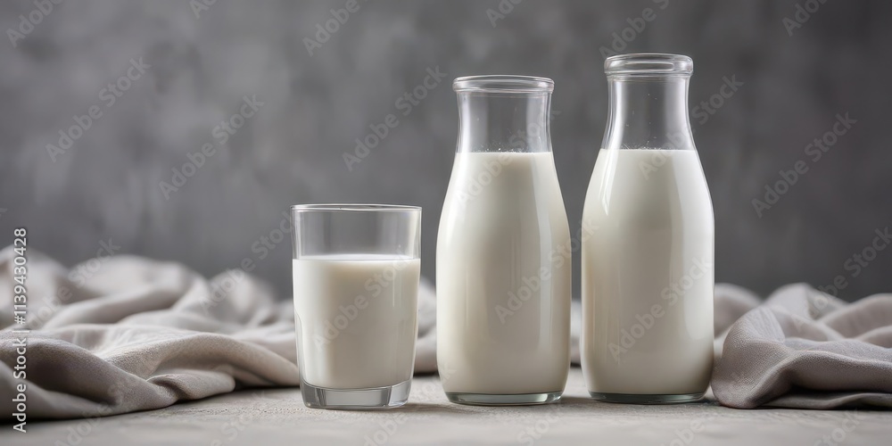 Glass of milk, bottle, fabric textures on gray Soft focus , textile, shadow Glass of milk, bottle, fabric textures on gray Soft focus , textile, shadow