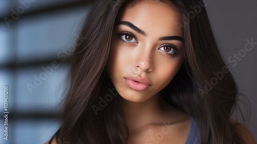 Portrait of smiling latin american teenage girl with silver background.