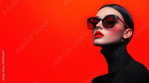 Fashion model posing in sunglasses studio high-contrast portrait red background artistic modern aesthetic