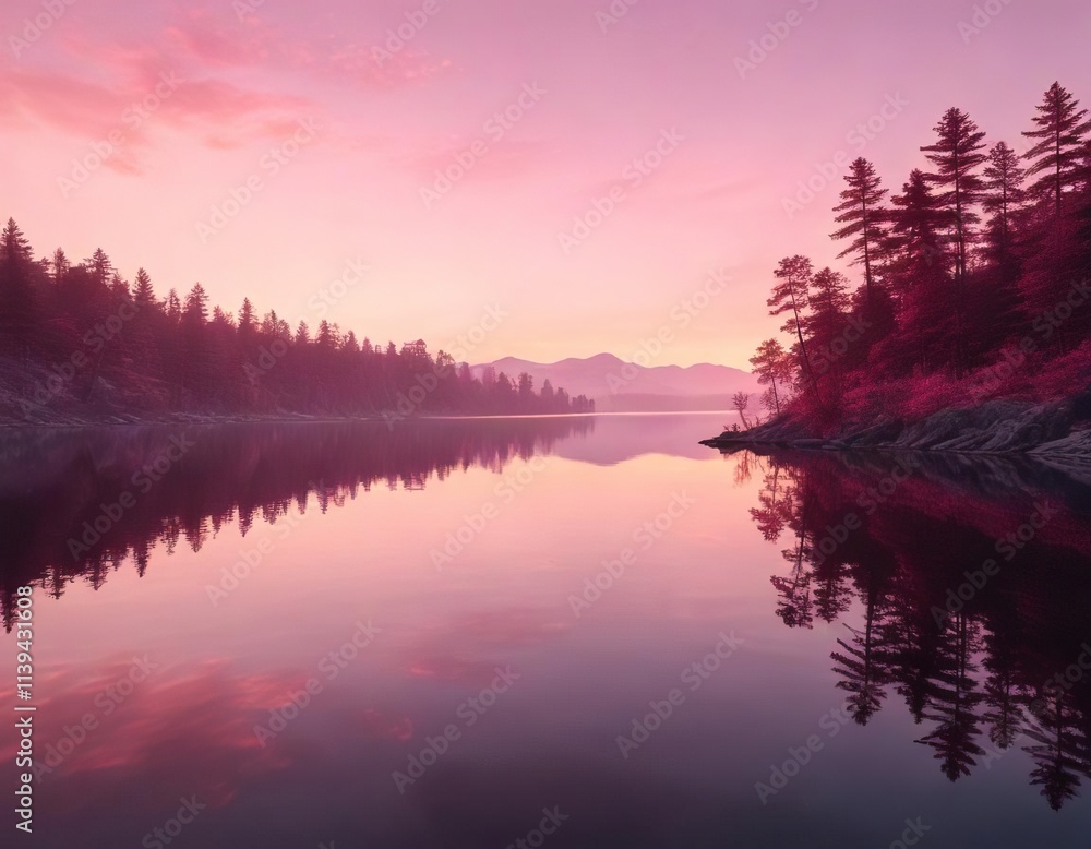 Fototapeta premium Pink hues of a sunset reflected on a calm lake against a blush pink background, lake scene, warm tones, serene landscape
