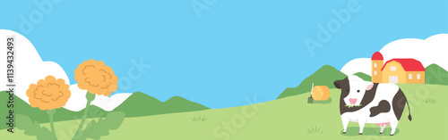 牛がいる牧場のバナー背景イラスト