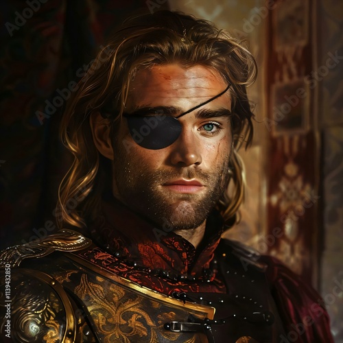 Man blonde hair beard wears red gold armor his serious expression directed camera black eyepatch covering his left eye photo