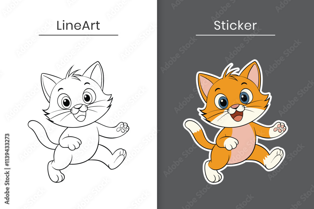 Obraz premium A cute kitten outline and sticker cartoon vector. Cute baby cat flat illustration