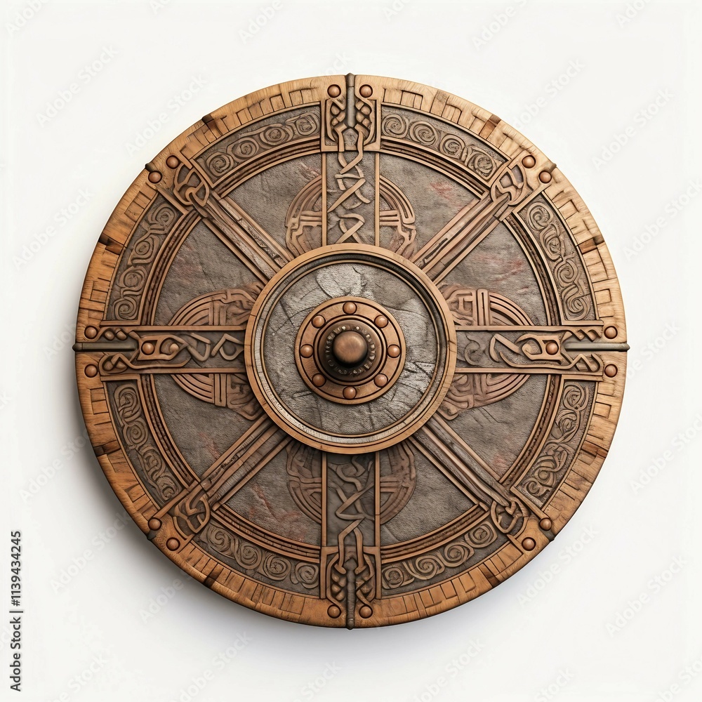 Viking shield , Isolated white background, flat lay Viking shield , Isolated white background, flat lay