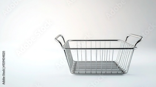 An empty basket with metal handles placed on a clean white background, showcasing its simple, elegant design. photo