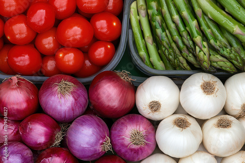 A variety of vegetables including onions, tomatoes