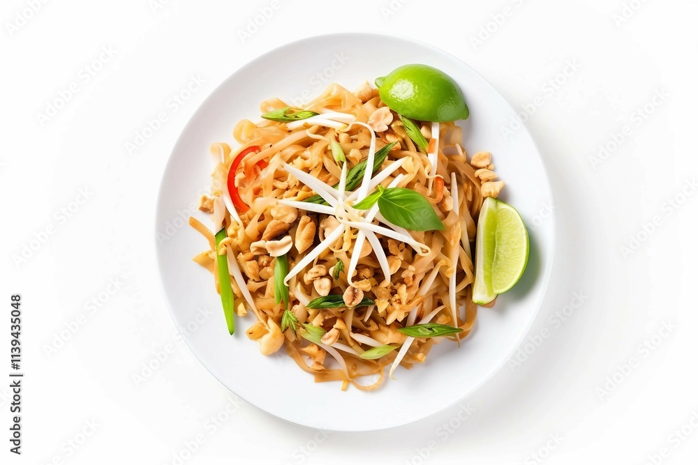 Bowl of Pad Thai , Isolated white background, flat lay Bowl of Pad Thai , Isolated white background, flat lay