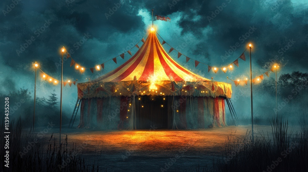 An old circus tent stands alone at night An old circus tent stands alone at night