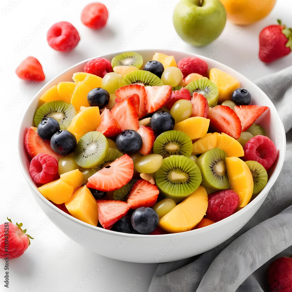 fresh and healthy fruit salad including kiwi and berries in a white bowl with a white background. fresh and healthy fruit salad including kiwi and berries in a white bowl with a white background.