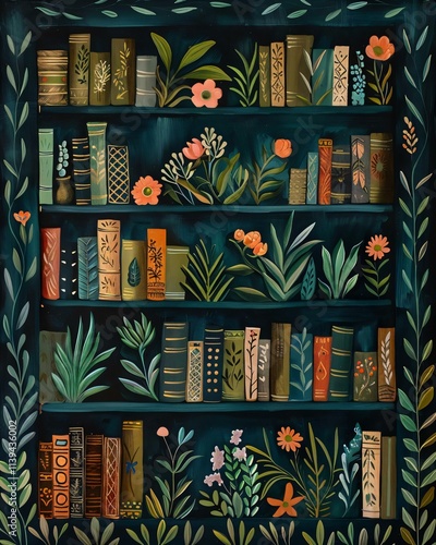 Whimsical bookshelf filled colorful books illustrations flowers plants arranged playful seemingly chaotic manner photo