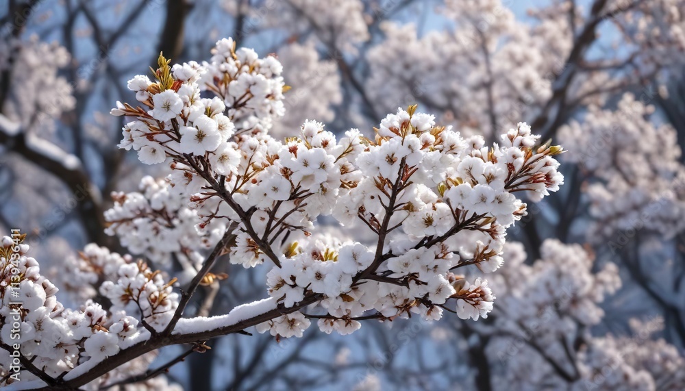 Whitebeam trees with snow-covered branches and blooming buds, branches, flowers, icy Whitebeam trees with snow-covered branches and blooming buds, branches, flowers, icy