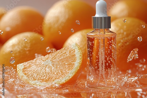 A bottle of orange juice is next to an orange slice