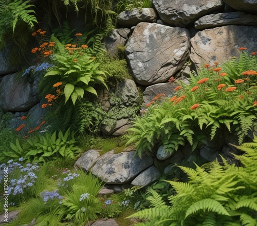 Weathered stone wall covered in moss and lichen with ferns and wildflowers , overgrown, nature, stone photo