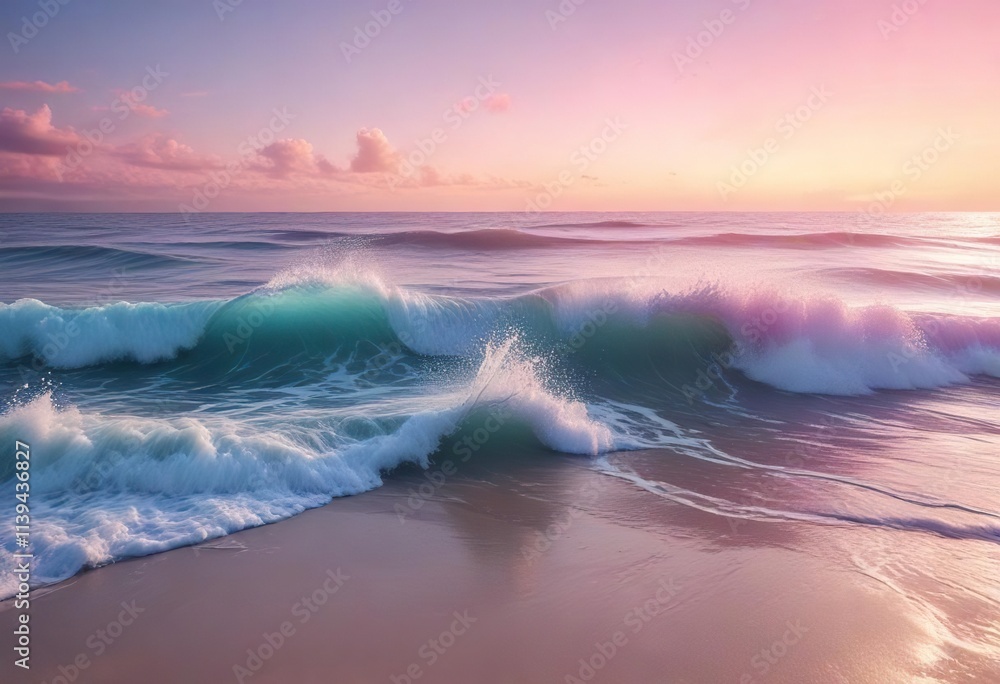 Fototapeta premium Waves gently lapping at the shore in a soft gradient of blue and pink with ocean foam, ocean foam, soft water