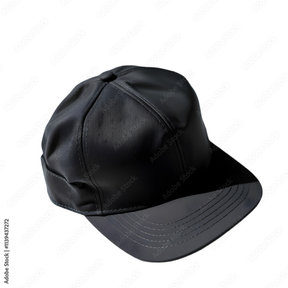 A sleek black cap with a modern design, placed on a white background