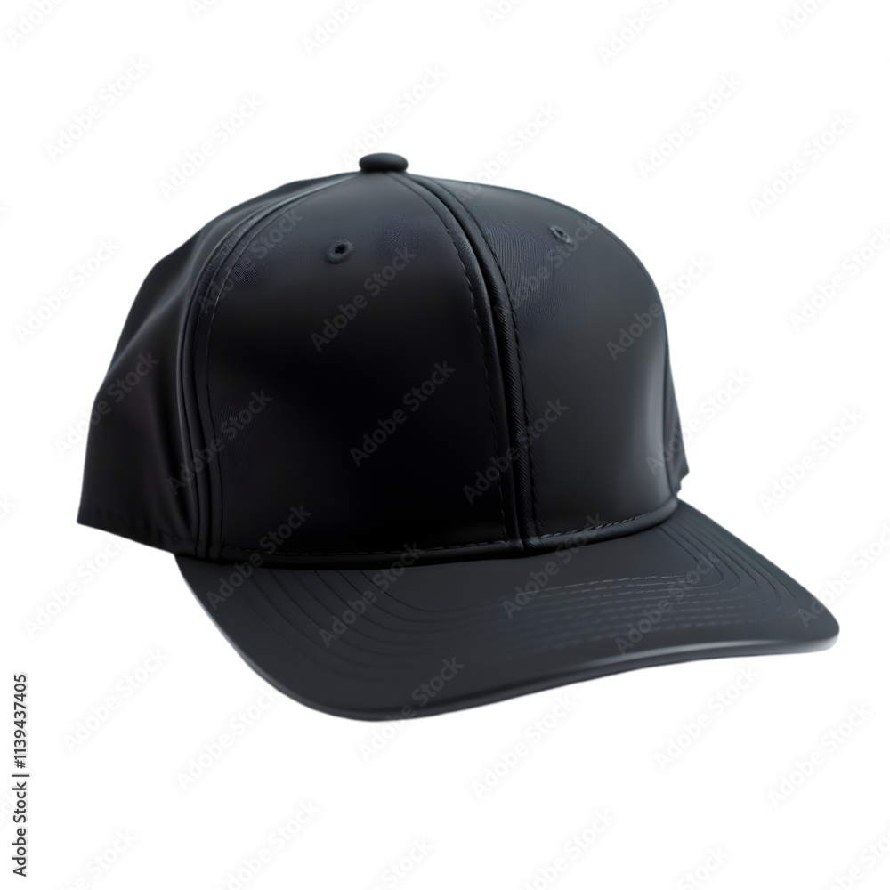 A sleek black cap with a modern design, placed on a white background A sleek black cap with a modern design, placed on a white background