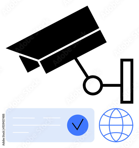 Black surveillance camera, security checkmark on document, and globe icon representing connectivity. Ideal for security systems, data protection, internet safety, global monitoring, IT
