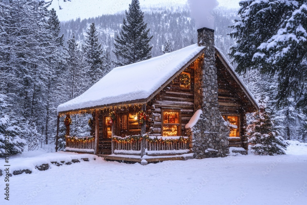 Cozy winter cabin decorated for the holidays snow-covered landscape scenic view of holiday cheer tranquil environment serene atmosphere Cozy winter cabin decorated for the holidays snow-covered landscape scenic view of holiday cheer tranquil environment serene atmosphere
