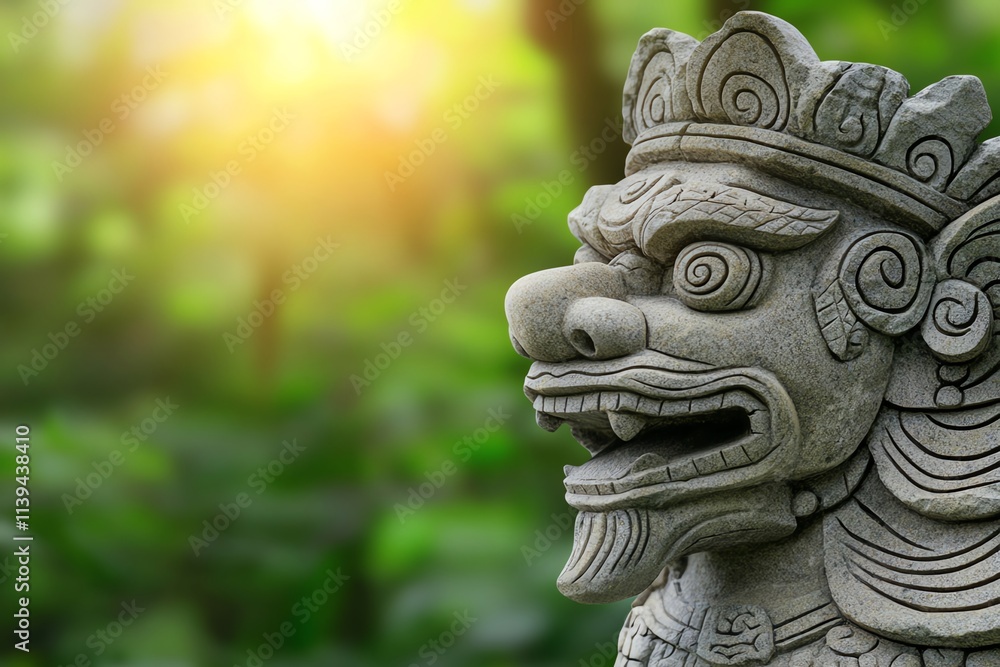 A detailed stone statue of a mythical creature stands amidst lush greenery, illuminated by soft sunlight, highlighting its intricate carvings and fierce expression. A detailed stone statue of a mythical creature stands amidst lush greenery, illuminated by soft sunlight, highlighting its intricate carvings and fierce expression.