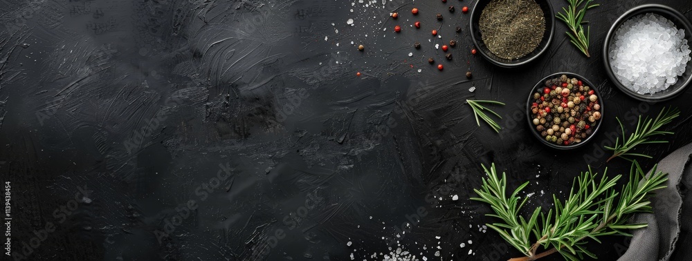 Black Background with Rosemary, Salt and Pepper Black Background with Rosemary, Salt and Pepper