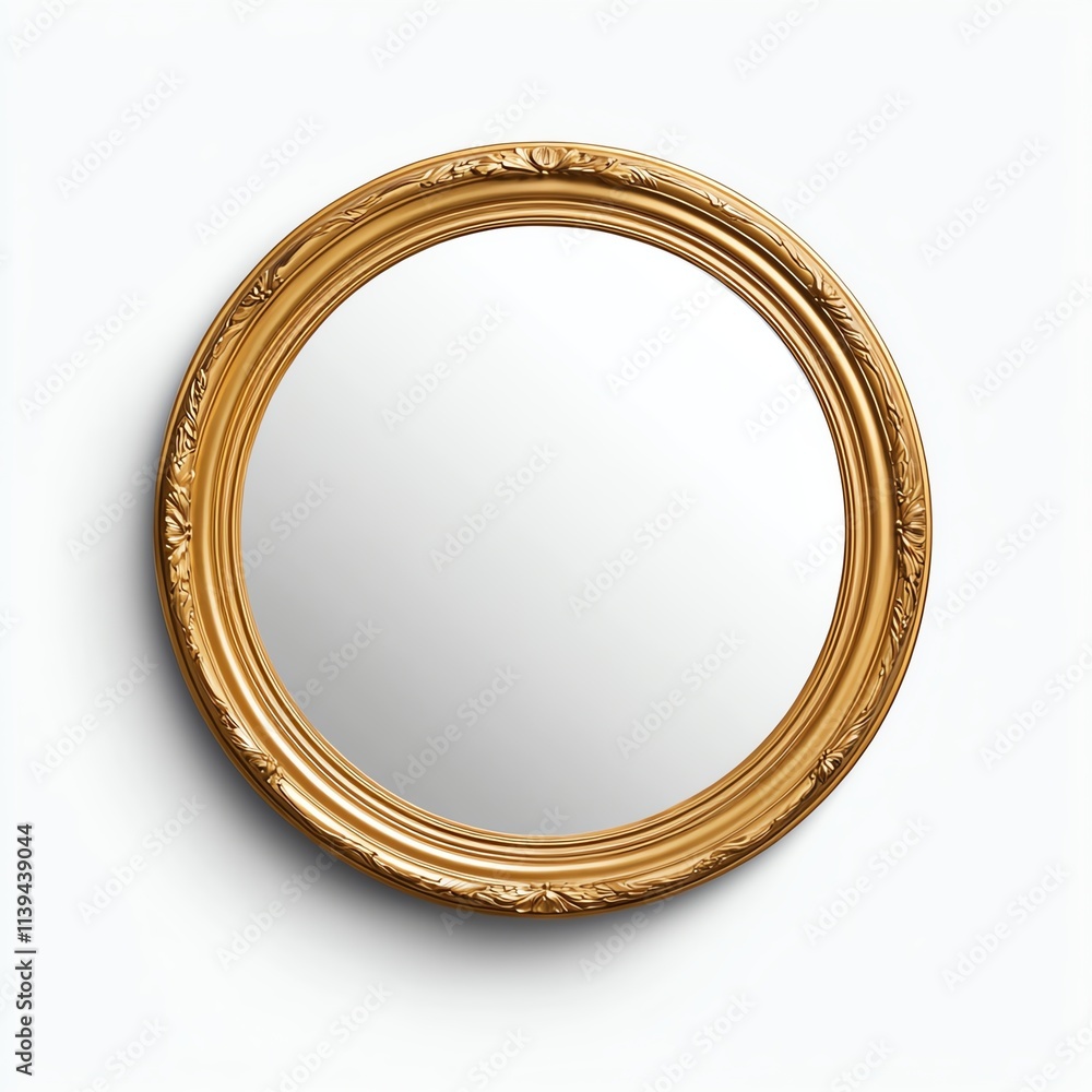 A round, ornate golden mirror reflecting a subtle light, offering a classic and elegant touch to any space. A round, ornate golden mirror reflecting a subtle light, offering a classic and elegant touch to any space.