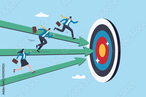 Competition or race to reach business goal or target, effort or challenge to achievement, motivation, progress or performance win business competition concept, business people run on arrow to target.