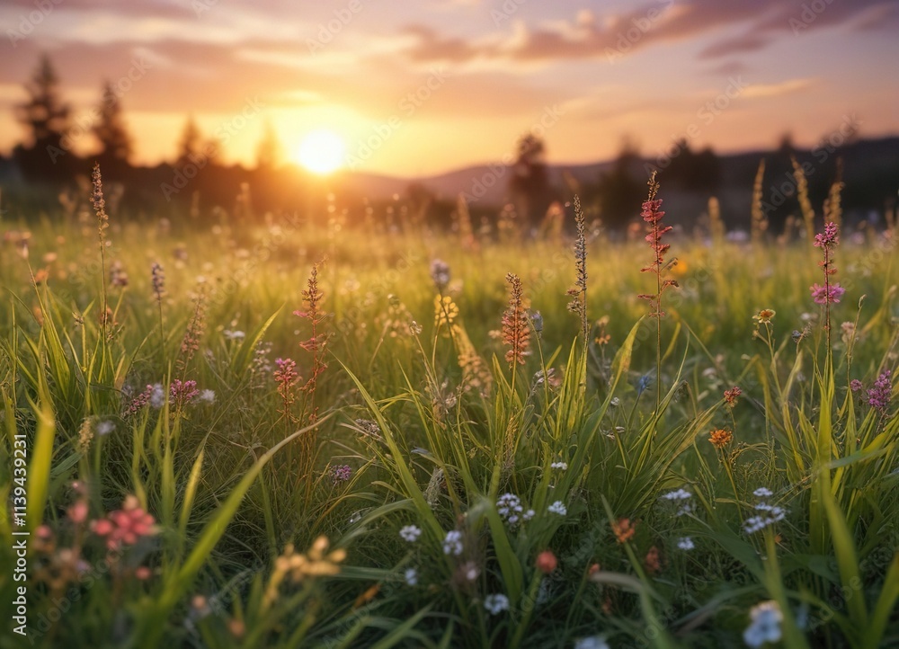 Naklejka premium Soft focus blurred grass and wildflowers against a warm sunset sky , flower, background