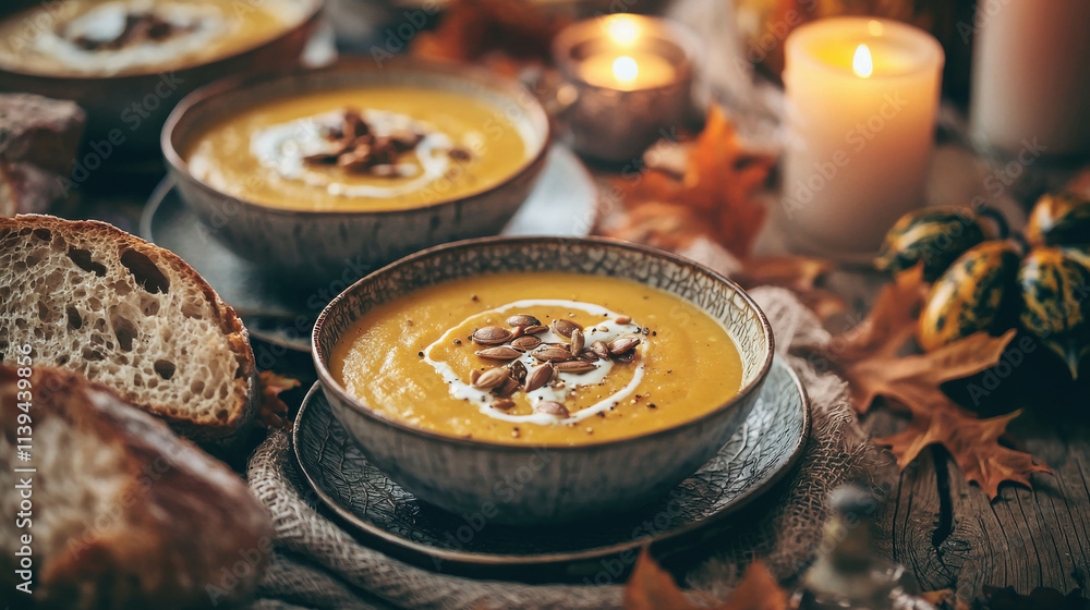 Creamy Pumpkin Soup in Decorative Bowls for a Cozy Thanksgiving Celebration Creamy Pumpkin Soup in Decorative Bowls for a Cozy Thanksgiving Celebration