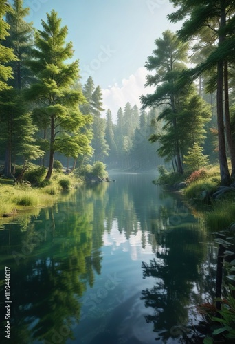 serene lake landscape with tall trees and lush greenery, calm, reflection