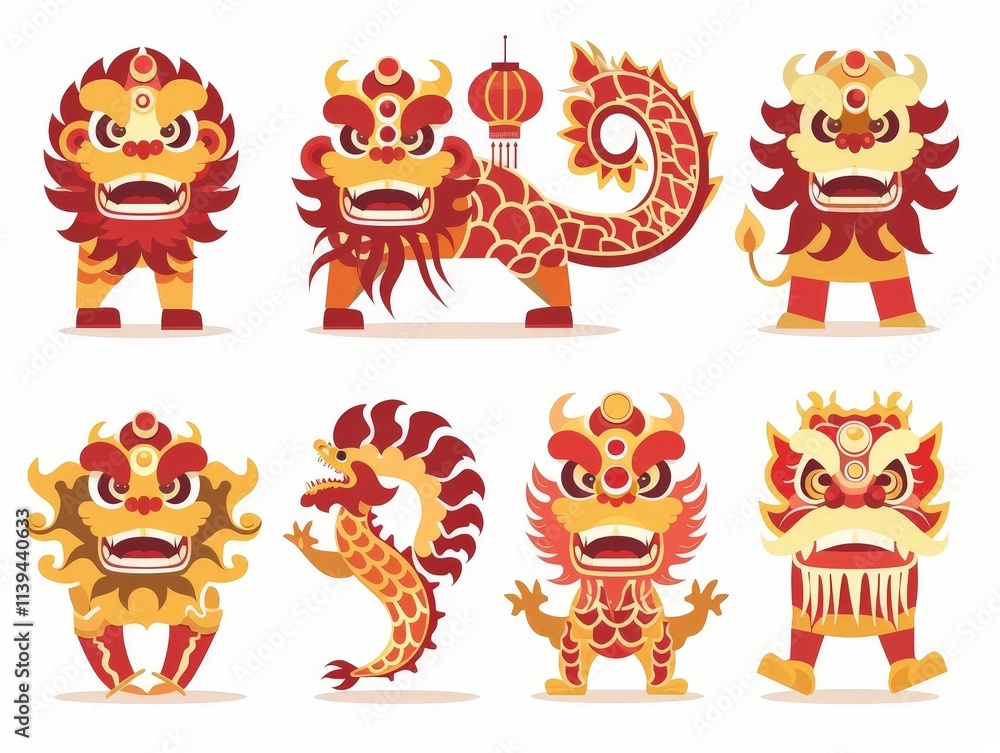 Fototapeta premium Chinese New Year Lion Dance Illustrations