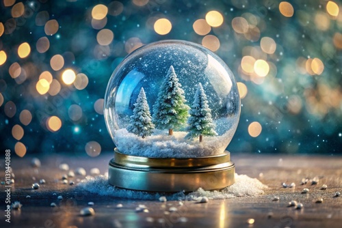 A small crystal snow globe with a thin glass dome encased in a tiny winter scene, with shimmering snowflakes that twirl when shaken.