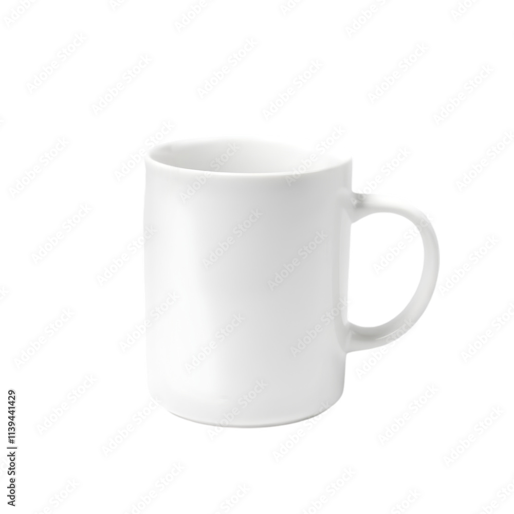 A simple white ceramic mug with a smooth finish, displayed on a clean white background A simple white ceramic mug with a smooth finish, displayed on a clean white background
