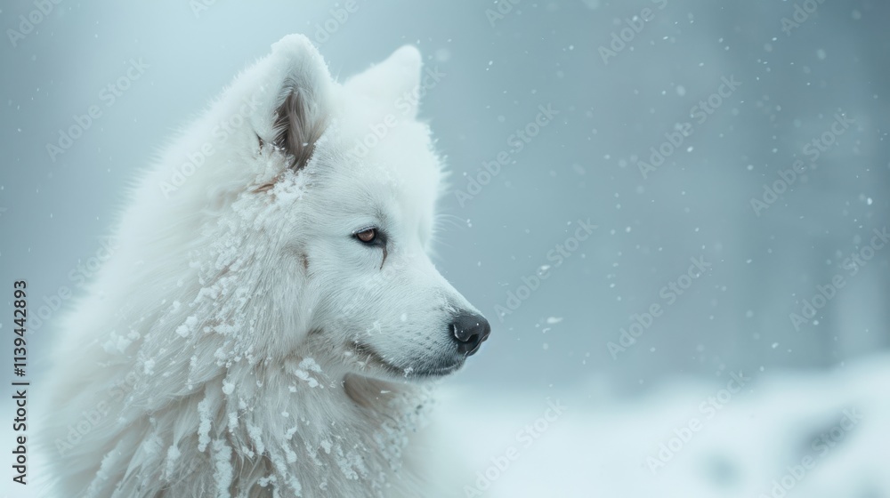 Obraz premium portrait of a Samoyed with blurred snowy landscape background, copy space, cinematic