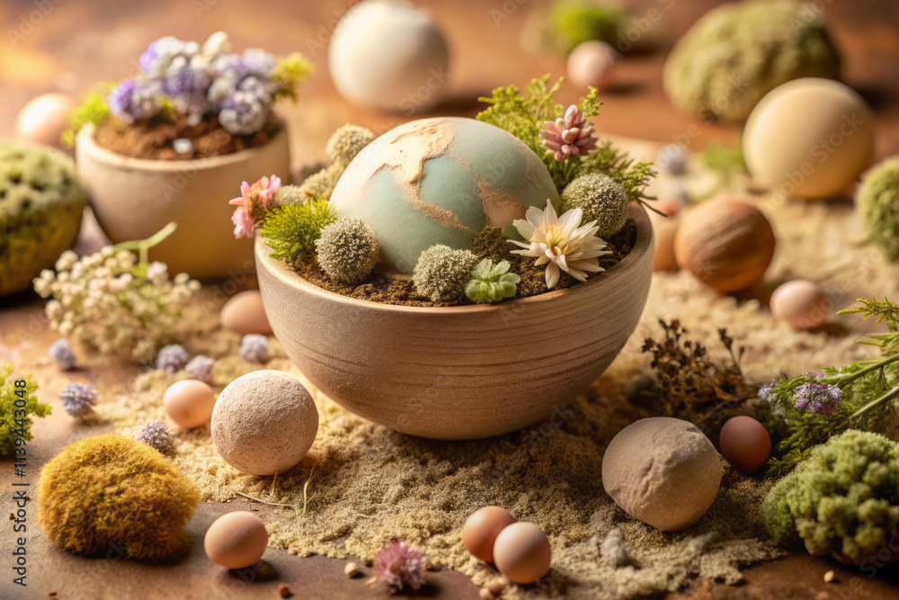 serene arrangement of pastel earth clay, featuring globe surrounded by delicate flowers and moss in wooden bowl. scene evokes tranquility and nature beauty serene arrangement of pastel earth clay, featuring globe surrounded by delicate flowers and moss in wooden bowl. scene evokes tranquility and nature beauty