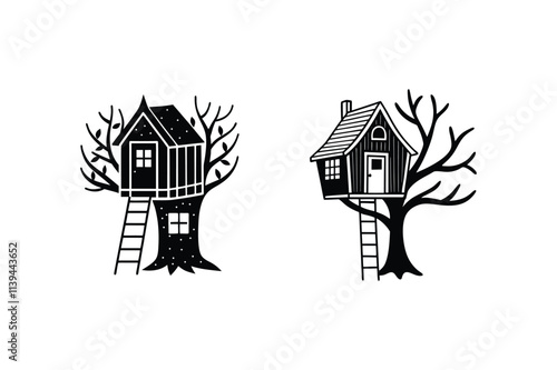 "Black and White Line Drawing of a Treehouse with Ladder - Vector Illustration"

