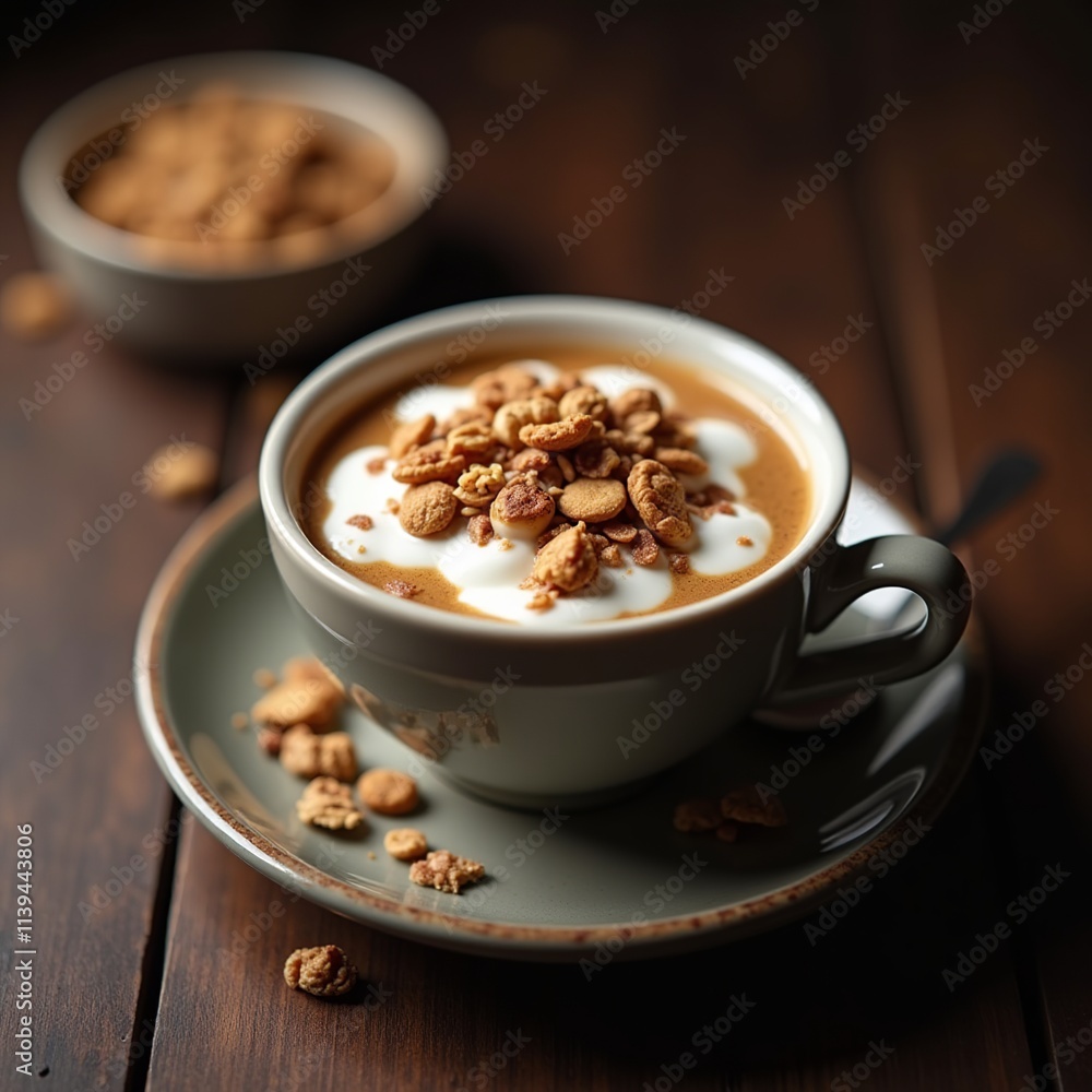 A cozy cup of coffee sits on a rustic wooden table, adorned with frothy cream and crunchy granola. The inviting atmosphere radiates warmth and comfort perfect for relaxation A cozy cup of coffee sits on a rustic wooden table, adorned with frothy cream and crunchy granola. The inviting atmosphere radiates warmth and comfort perfect for relaxation