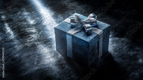 small square gift box Wrapped in shiny blue paper with a silver ribbon. The box is placed on a black background. photo