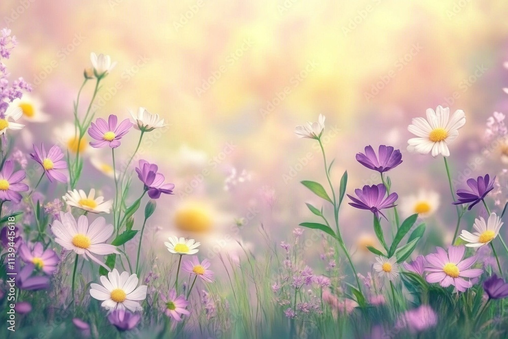 Soft focus image of a field of daisies and wildflowers in pastel colors. Soft focus image of a field of daisies and wildflowers in pastel colors.