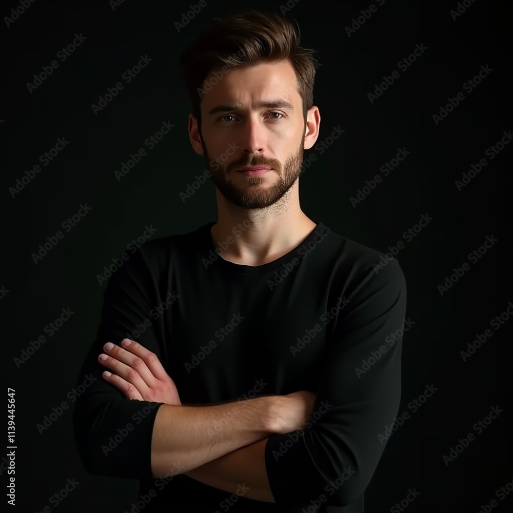 A man stands confidently with his arms crossed, dressed in a fitted black shirt. His serious expression and the dark backdrop create an aura of strength and determination A man stands confidently with his arms crossed, dressed in a fitted black shirt. His serious expression and the dark backdrop create an aura of strength and determination