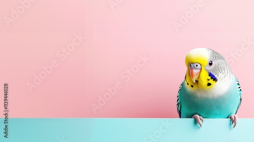 Adorable Blue and Yellow Budgie Parakeet on Pink and Turquoise Pastel Background with Copy Space for Creative Designs and Wallpapers