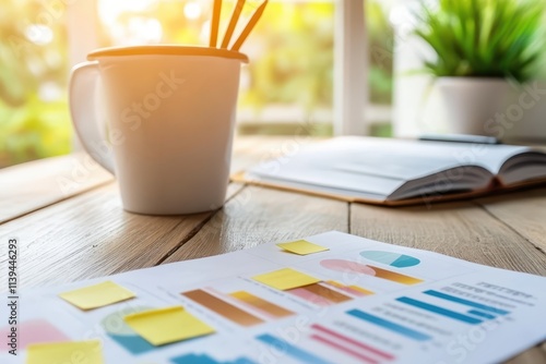 Entrepreneur s workspace with sticky notes, strategy books, and coffee cup, earlystage business development planning photo